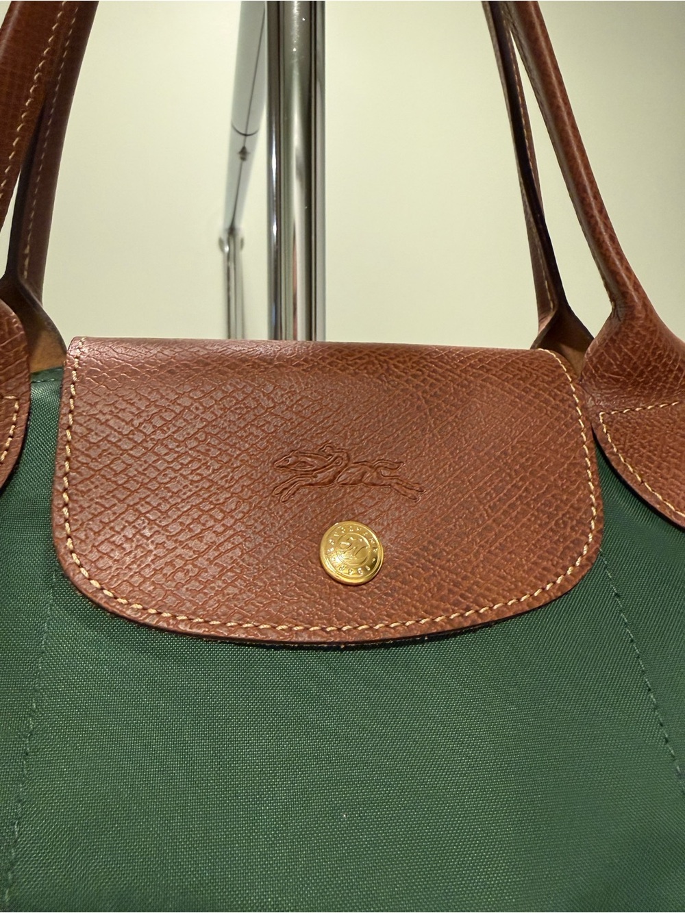 Longchamp Le Pliage Original M Tote British Green Brown Leather - Picture 2 of 15